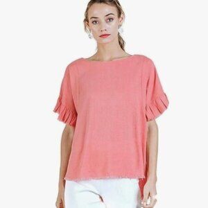 Umgee EUC coral ruffle raw hem relaxed fit linen blend casual blouse size S